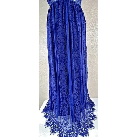 Merokeety Maxi Dress Lace Overlay Indigo Blue Boho Crochet Fringe Knit V Neck L - Picture 10 of 16